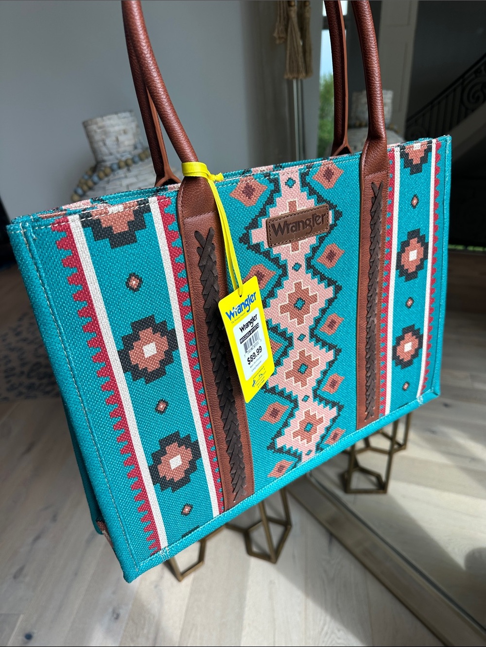 Wrangler Turquoise and Pink Southwestern Tote with Brown Handles - Picture 5 of 5